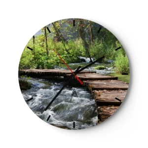 Horloge murale - Pendule murale - Un pont en bois sur un ruisseau tumultueux entouré de verdure - 30x30cm - Au-dessus de la cascade mousseuse - Décoration murale moderne pour le salon, la cuisine et la chambre ARTTOR
