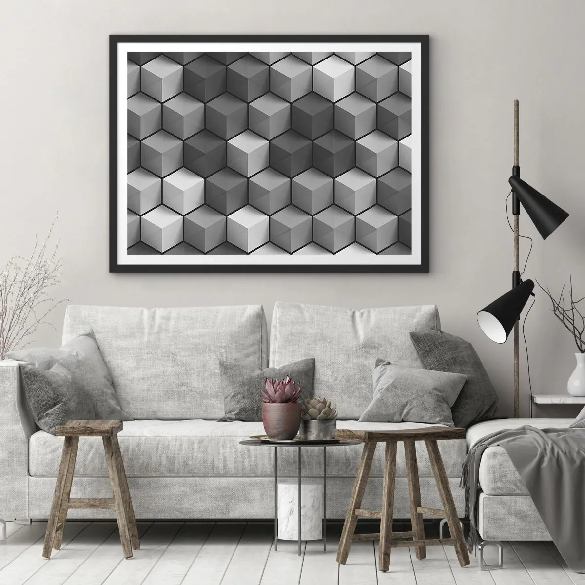 Affiche dans un cadre noir - Poster - Composition géométrique de cubes dans les tons de gris et de noir - 70x50cm - Puzzle cubiste - Décoration murale moderne pour le salon et la chambre ARTTOR