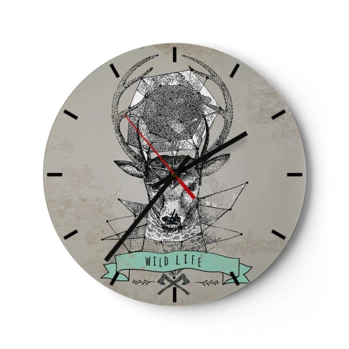 Horloge murale - Pendule murale - Cerf géométrique avec l'inscription Wild Life sur fond gris - 30x30cm - Voir St. Hubertus - Décoration murale moderne pour le salon, la cuisine et la chambre ARTTOR