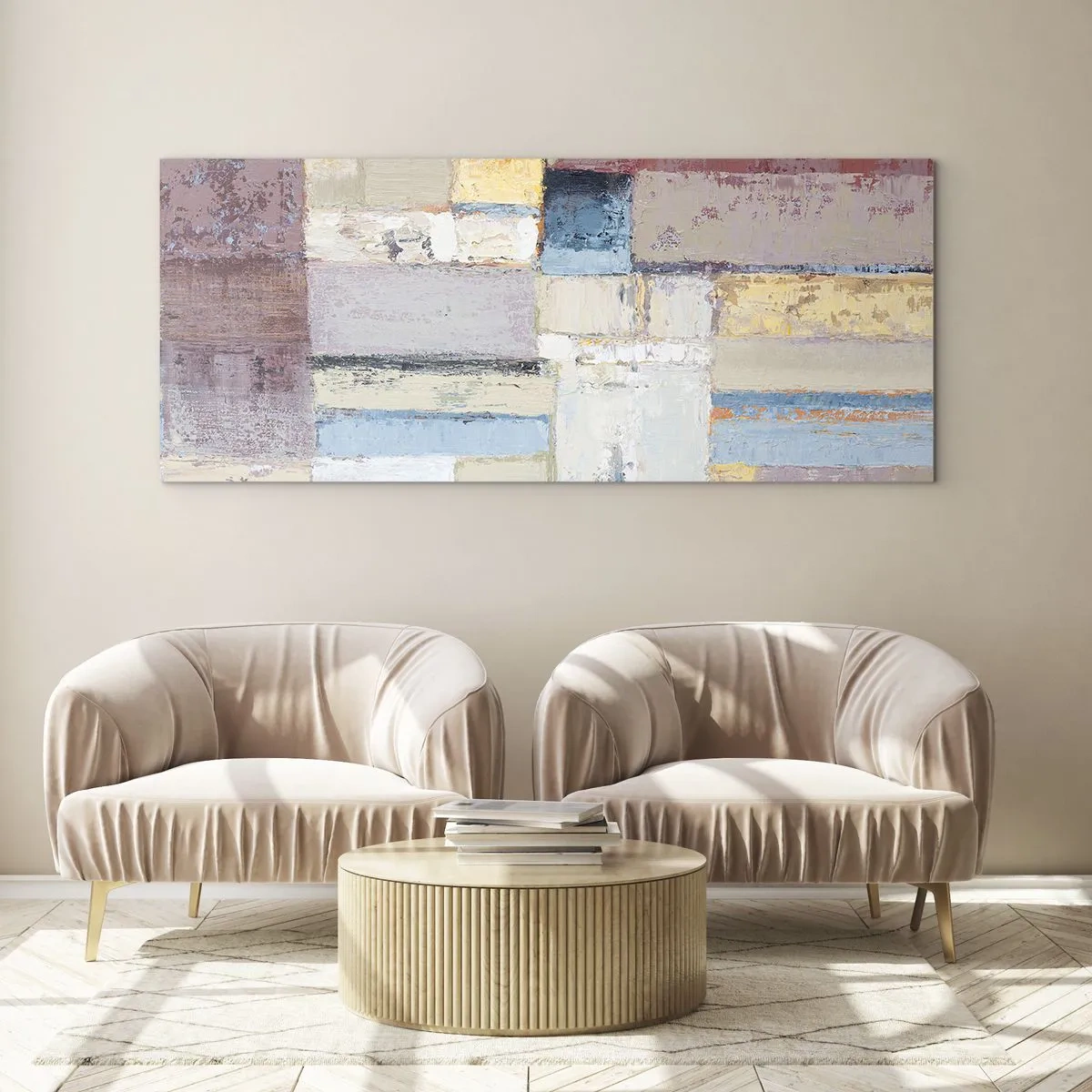 Impression sur verre - Image sur verre - Composition géométrique aux couleurs pastel - 160x50cm - Le calme de la géométrie - Décoration murale moderne pour le salon et la chambre ARTTOR