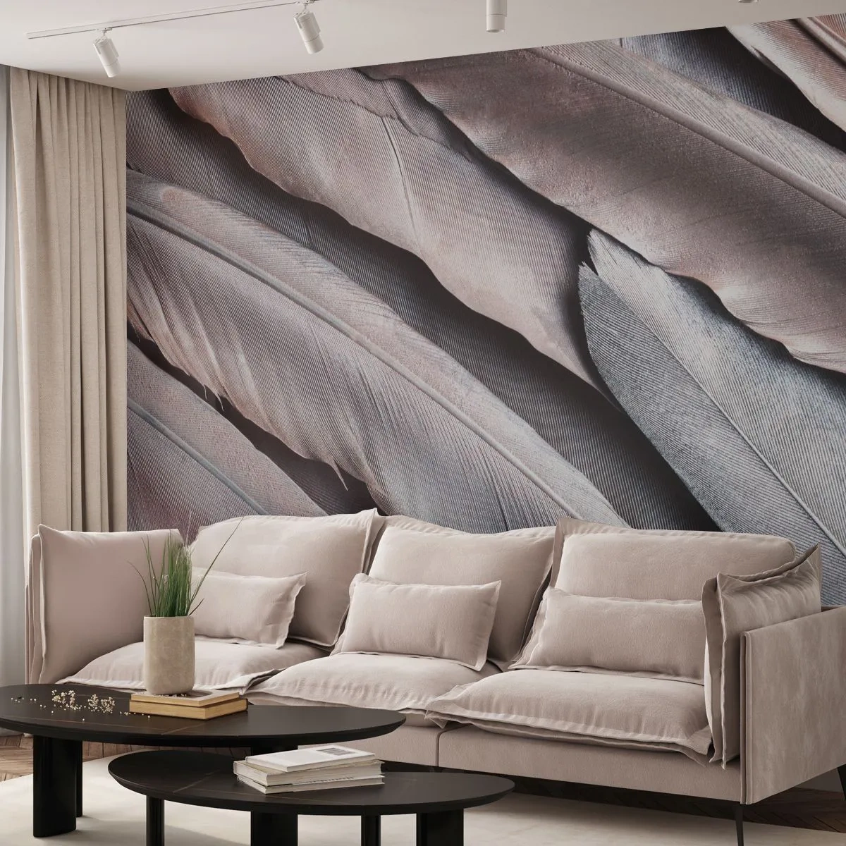 Papier Peint Photo Premium Canvas - En argent rose - Plume oiseau, Graphique, Bohème - 250x175 cm