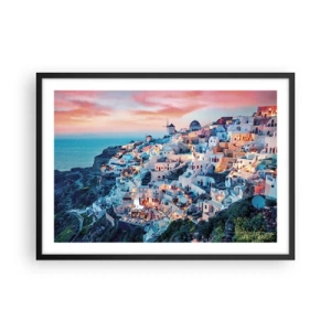 Affiche dans un cadre noir - Poster - Santorin au coucher du soleil avec des bâtiments blancs sur la colline - 70x50cm - Vos grandes vacances en Grèce - Décoration murale moderne pour le salon et la chambre ARTTOR