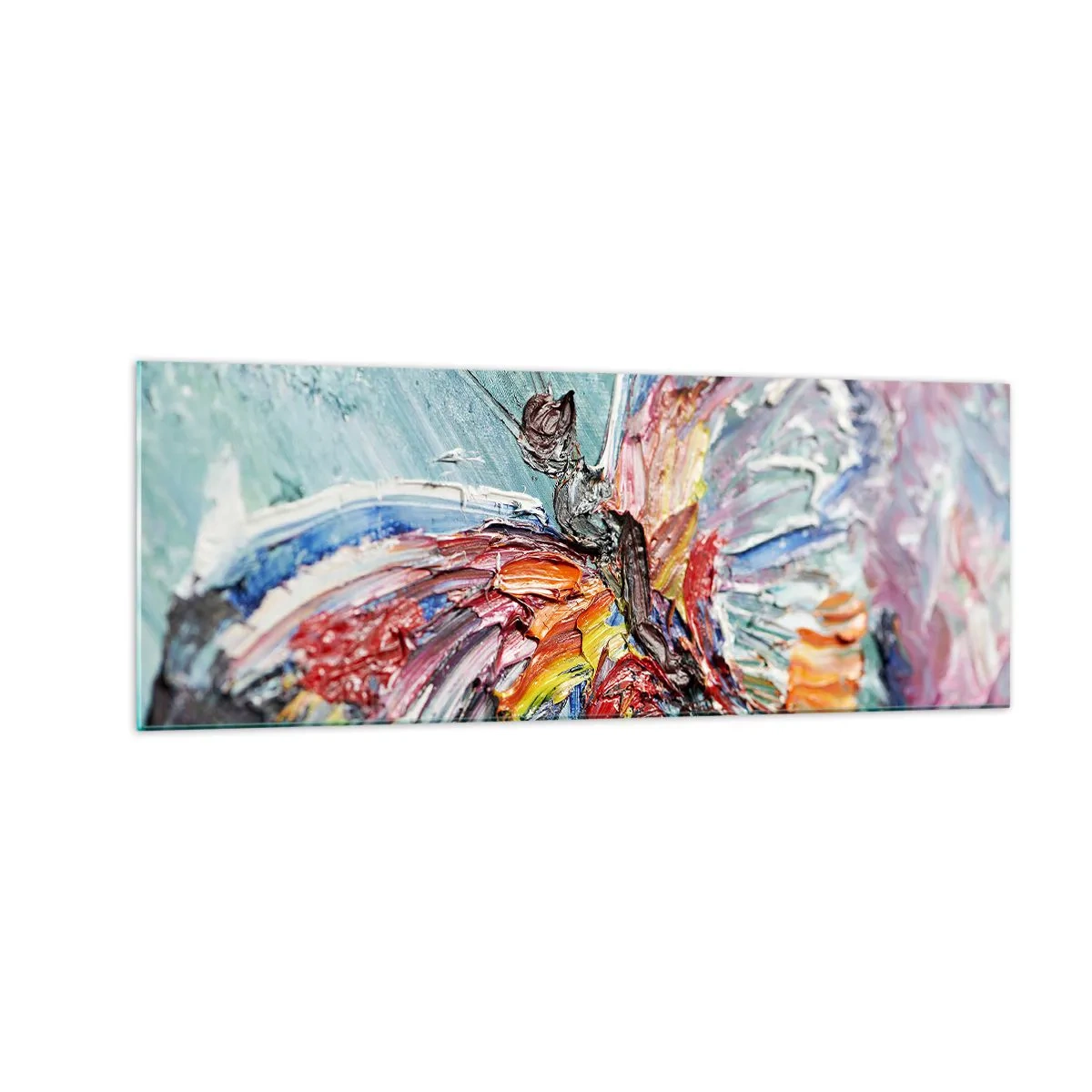 Impression sur verre - Image sur verre - Papillon coloré en pâte sur fond pastel - 140x50cm - Peint par nature - Décoration murale moderne pour le salon et la chambre ARTTOR