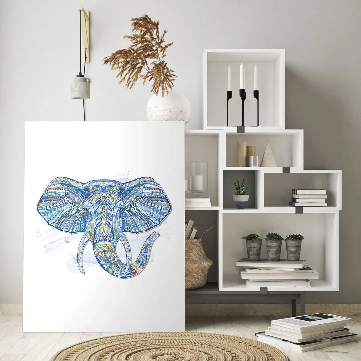 Impression sur verre - Image sur verre - Éléphant bleu dans un style artistique avec des motifs géométriques - 50x70cm - Incrusté d'or et de bleu ciel - Décoration murale moderne pour le salon et la chambre ARTTOR