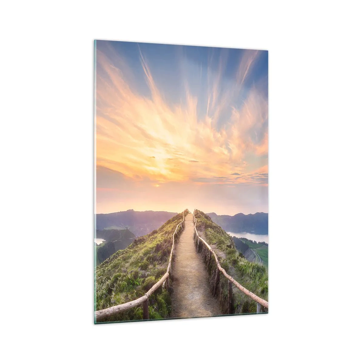 Impression sur verre - Image sur verre - Un sentier pittoresque sur une colline avec vue sur le coucher de soleil - 70x100cm - Proche du ciel - Décoration murale moderne pour le salon et la chambre ARTTOR