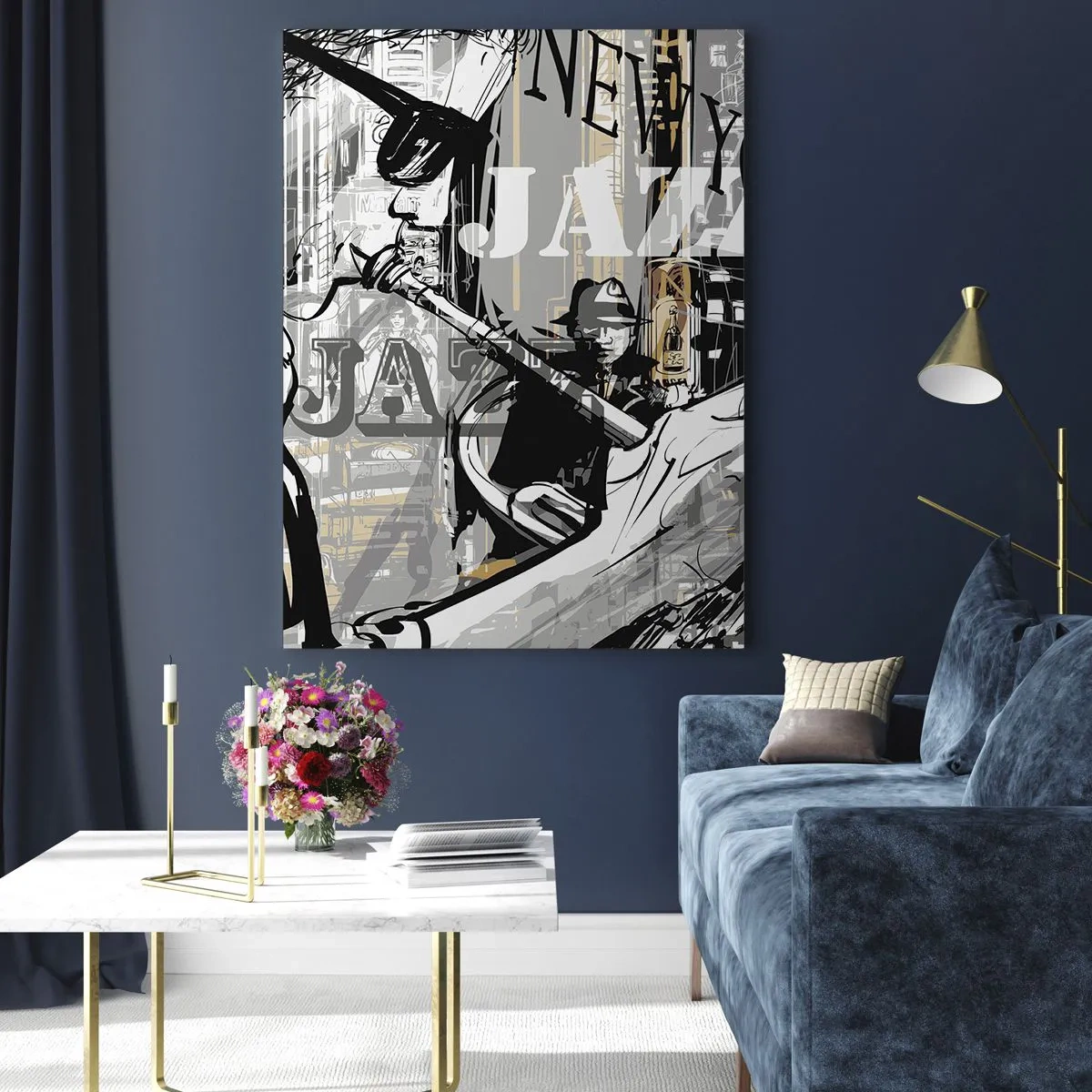 Impression sur verre - Image sur verre - Un dessin élégant d'un musicien de jazz jouant de la trompette dans un décor new-yorkais. - 50x70cm - Au rythme de New York - Décoration murale moderne pour le salon et la chambre ARTTOR