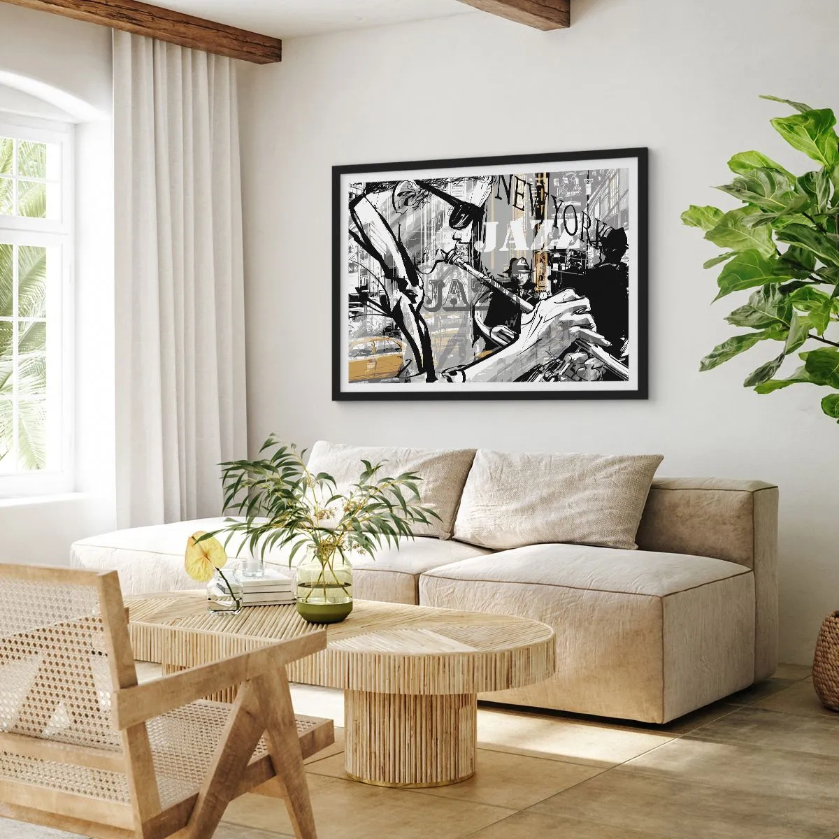 Affiche dans un cadre noir - Poster - Scène jazz new-yorkaise - 100x70cm - Au rythme de New York - Décoration murale moderne pour le salon et la chambre ARTTOR