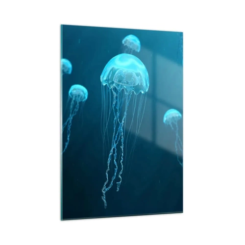 Impression sur verre - Image sur verre - Méduses flottant dans l'océan bleu profond - 50x70cm - Danse océanique - Décoration murale moderne pour le salon et la chambre ARTTOR