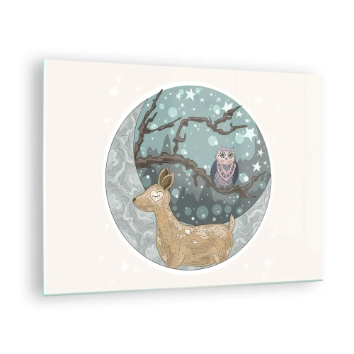 Impression sur verre - Image sur verre - Illustration d'un cerf et d'un hibou dans un décor magique - 70x50cm - Une nuit de conte de fées en forêt  - Décoration murale moderne pour le salon et la chambre ARTTOR