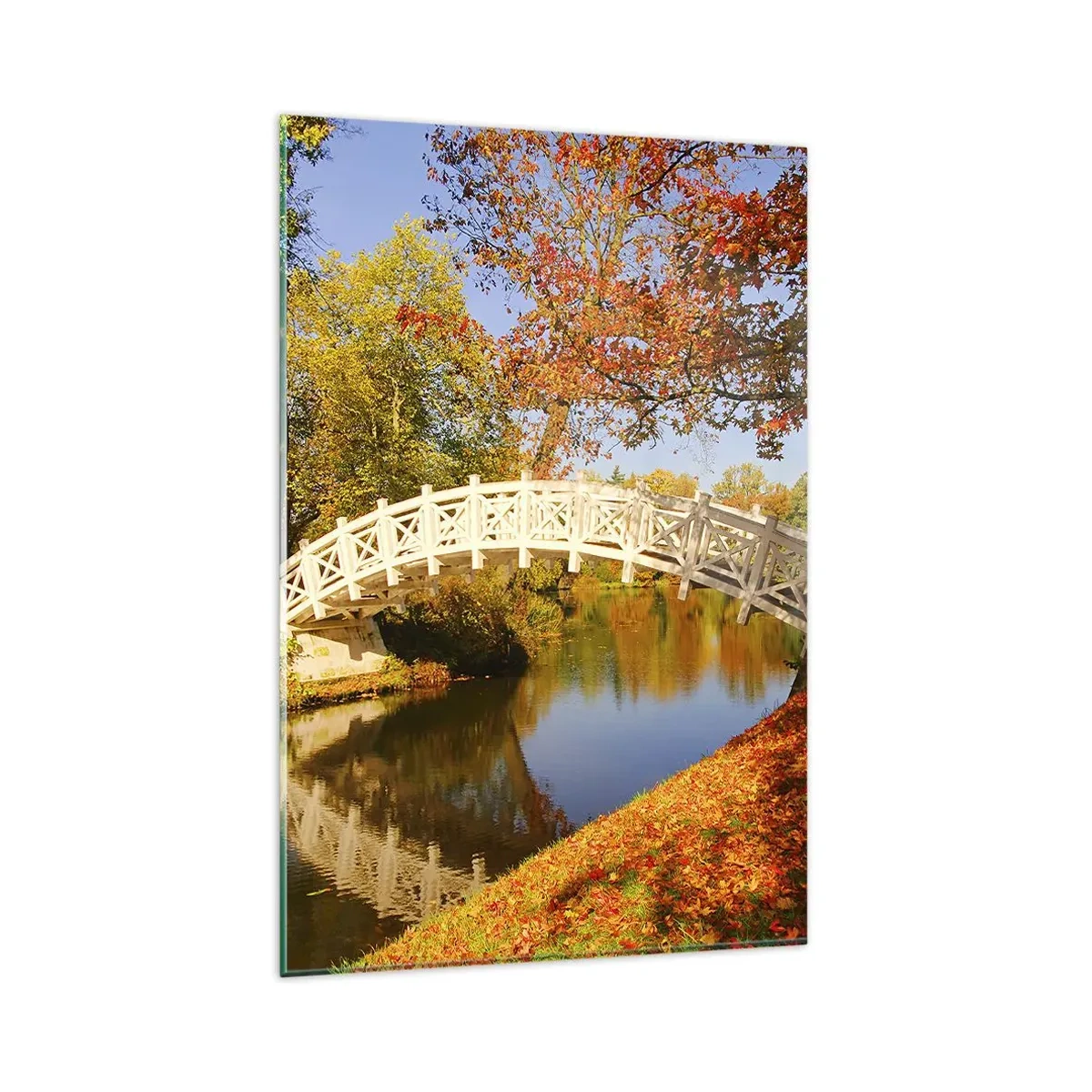 Impression sur verre - Image sur verre - Un pont dans un parc entouré de feuilles d'automne sur une eau calme - 80x120cm - Sur le pont blanc des soupirs - Décoration murale moderne pour le salon et la chambre ARTTOR