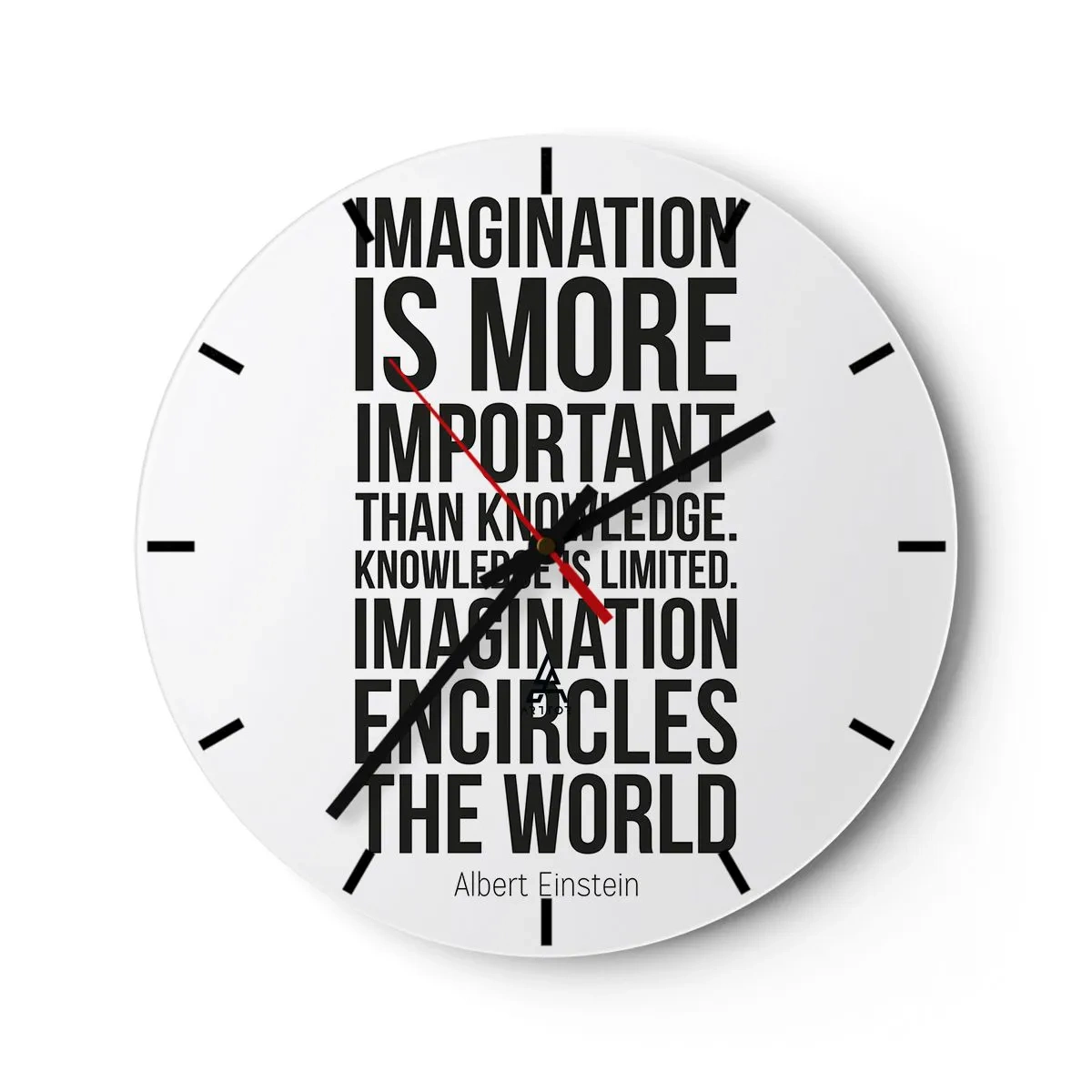 Horloge murale - Pendule murale - Citation inspirante d'Albert Einstein - 30x30cm - Einstein sur le pouvoir de l'imagination - Décoration murale moderne pour le salon, la cuisine et la chambre ARTTOR