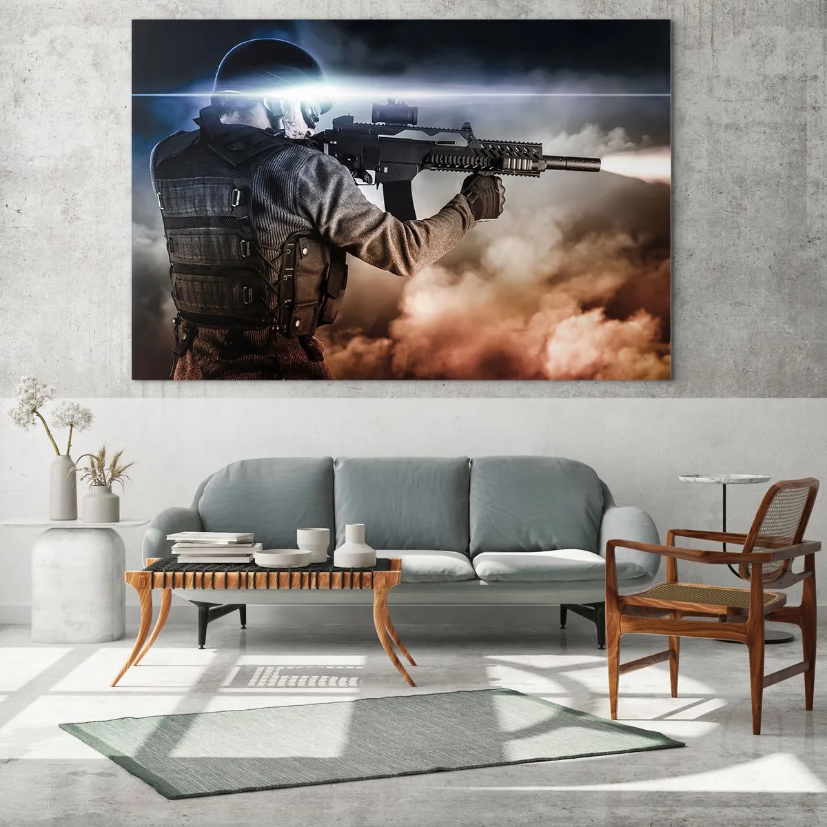 Impression sur verre - Image sur verre - Un soldat en action tirant avec un fusil sur fond de fumée. - 120x80cm - Tout simplement un héros - Décoration murale moderne pour le salon et la chambre ARTTOR