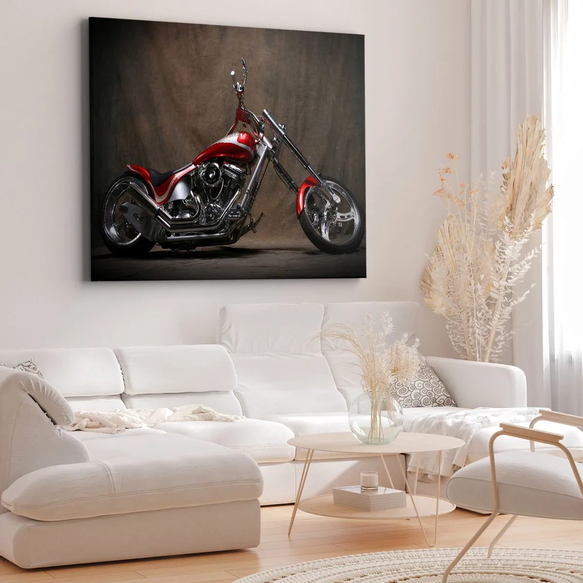 Impression sur toile - Image sur toile - Moto customisée rouge sur fond de tissu marron - 70x50cm - Beauté rouge-argent - Décoration murale moderne pour le salon et la chambre ARTTOR