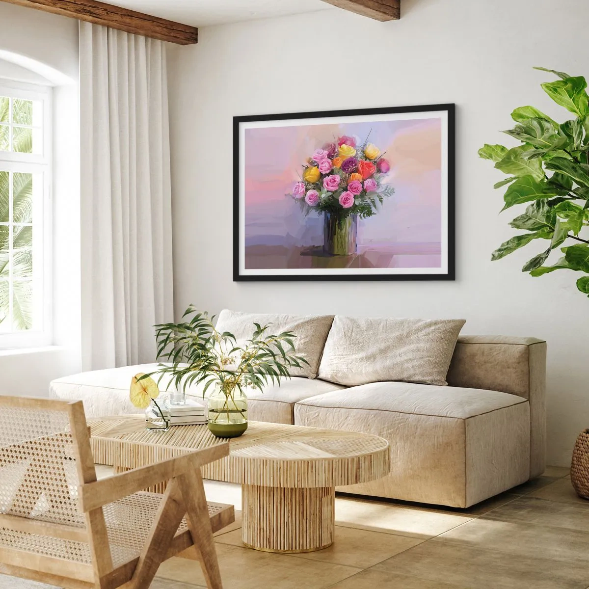 Affiche dans un cadre noir - Poster - Un bouquet de roses colorées dans un vase en verre - 70x50cm - Beauté conservée - Décoration murale moderne pour le salon et la chambre ARTTOR