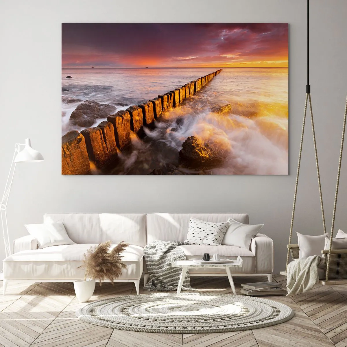 Impression sur verre - Image sur verre - Coucher de soleil sur la mer avec un brise-lames en bois - 100x70cm - La douceur des vagues - Décoration murale moderne pour le salon et la chambre ARTTOR