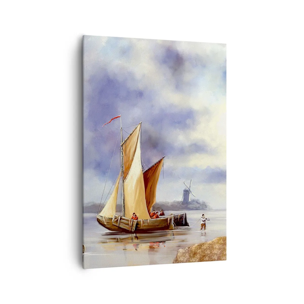 Impression sur toile - Image sur toile - Voiliers sur une eau calme avec des moulins à vent en arrière-plan - 70x100cm - Retour de marin - Décoration murale moderne pour le salon et la chambre ARTTOR
