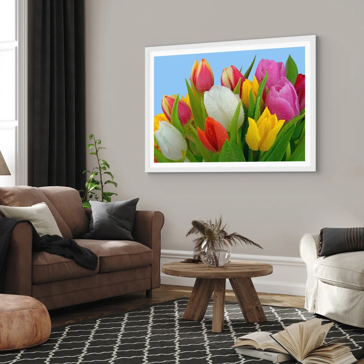 Affiche dans un cadre blanc - Poster - Un arc-en-ciel fleuri en gouttes de rosée - 40x30 cm