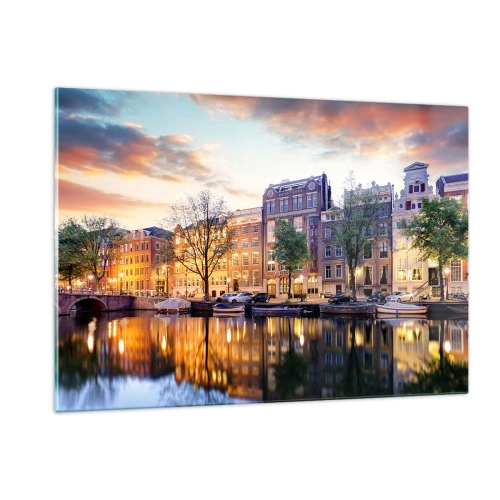Impression sur verre - Image sur verre - Canal d'Amsterdam au coucher du soleil avec reflet dans l'eau - 120x80cm - Beauté hollandaise sobre et sereine - Décoration murale moderne pour le salon et la chambre ARTTOR