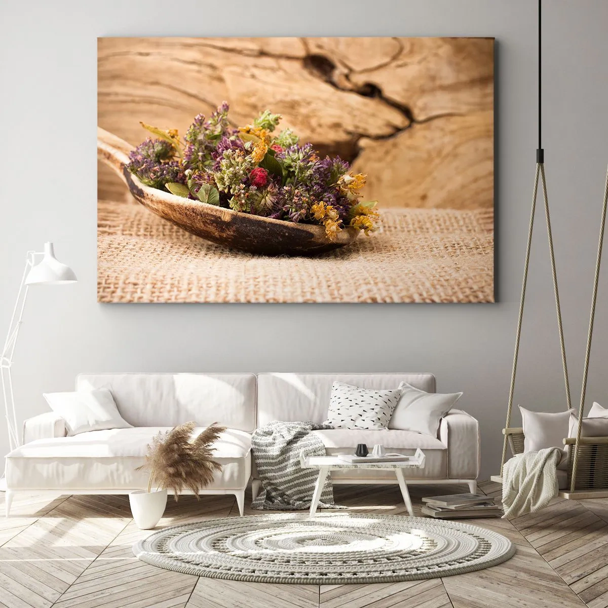 Impression sur toile - Image sur toile - Herbes séchées dans une cuillère en bois sur un fond en bois naturel - 100x70cm - Fleurs colorées et herbes parfumées - Décoration murale moderne pour le salon et la chambre ARTTOR