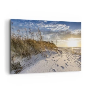 Impression sur toile - Image sur toile - Dunes avec de l'herbe et des empreintes de pas dans le sable au coucher du soleil - 120x80cm - Invitation à la ballade - Décoration murale moderne pour le salon et la chambre ARTTOR