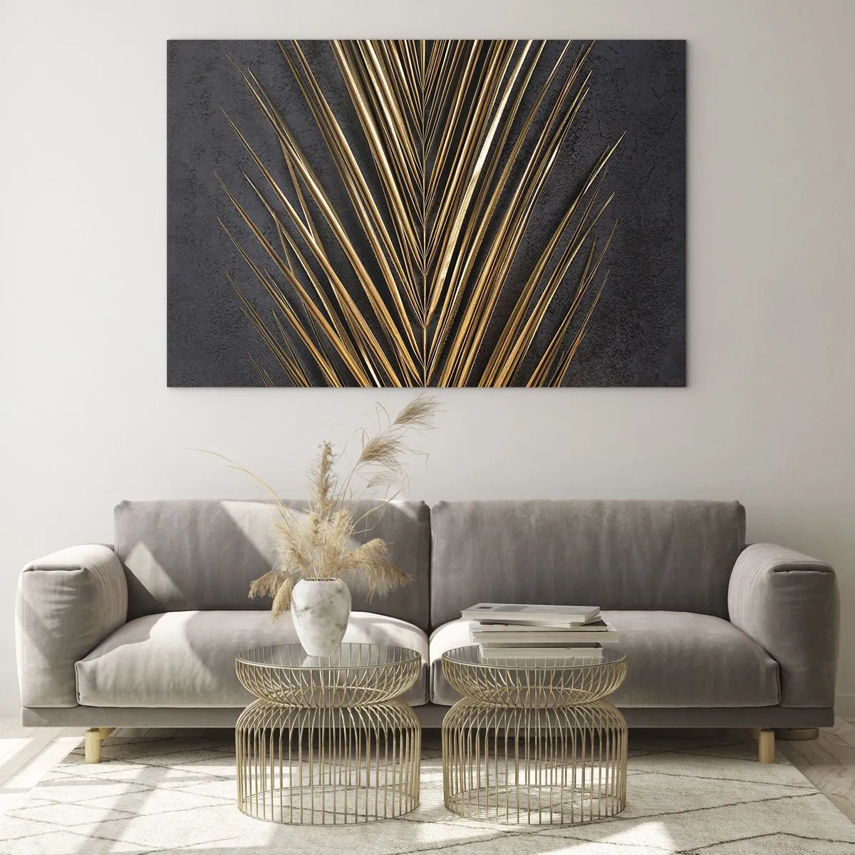 Impression sur verre - Image sur verre - Feuille de palmier dorée sur fond sombre - 120x80cm - L'or des tropiques - Décoration murale moderne pour le salon et la chambre ARTTOR
