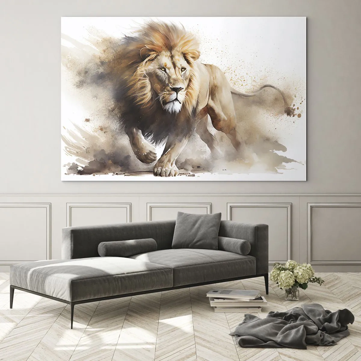 Impression sur verre - Image sur verre - Une photo dynamique de style aquarelle d'un lion en train de courir - 70x50cm - Le roi bougea - Décoration murale moderne pour le salon et la chambre ARTTOR