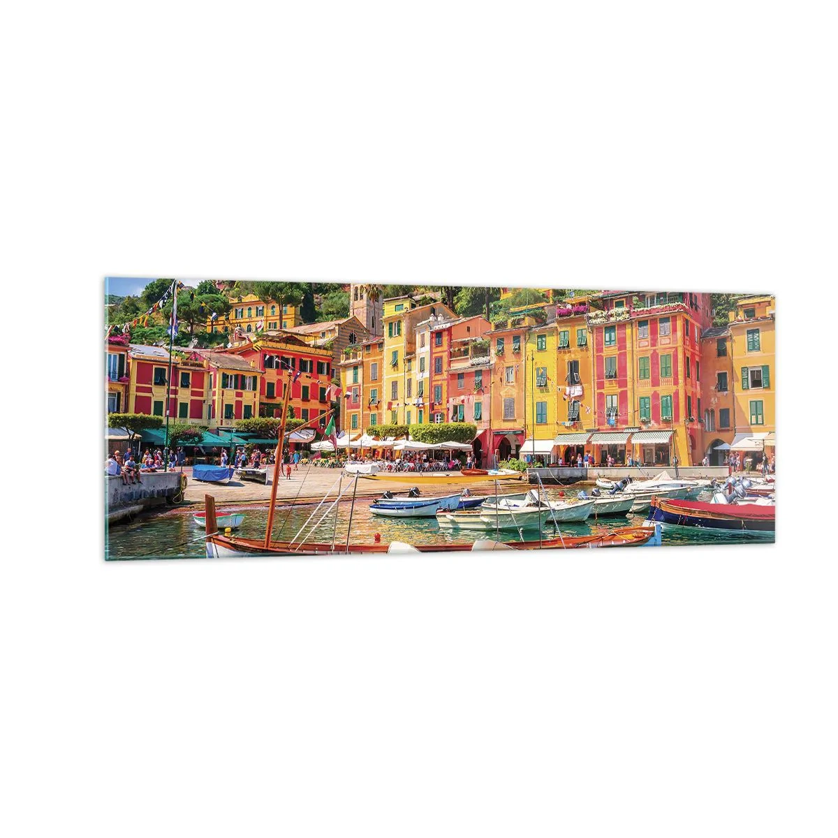 Impression sur verre - Image sur verre - Maisons de ville colorées et bateaux dans une ville balnéaire italienne - 140x50cm - Matinée italienne - Décoration murale moderne pour le salon et la chambre ARTTOR