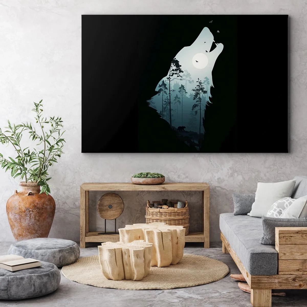 Impression sur toile - Image sur toile - Silhouette d'un loup avec une forêt et la lune en arrière-plan - 70x50cm - La voix de nuit de la forêt - Décoration murale moderne pour le salon et la chambre ARTTOR