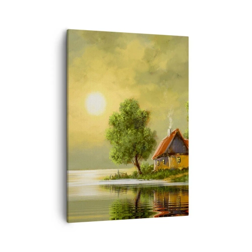 Impression sur toile - Image sur toile - Maison au bord du lac dans la lumière du coucher du soleil - 50x70cm - Beau, comme une image - Décoration murale moderne pour le salon et la chambre ARTTOR