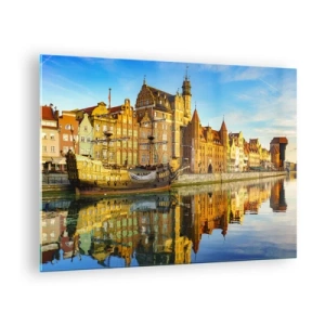 Impression sur verre - Image sur verre - La vieille ville de Gdańsk avec un reflet dans l'eau - 70x50cm - Reflet dans le miroir du passé - Décoration murale moderne pour le salon et la chambre ARTTOR