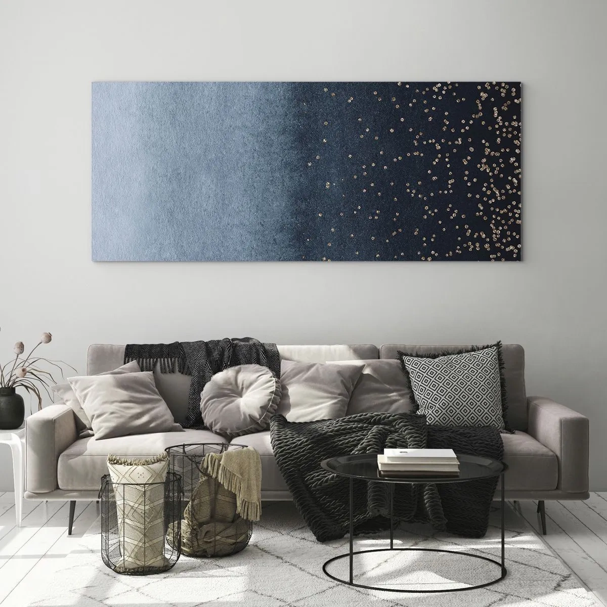 Impression sur verre - Image sur verre - Dégradés bleus avec de subtils accents dorés - 120x50cm - Composition - phases bleues - Décoration murale moderne pour le salon et la chambre ARTTOR