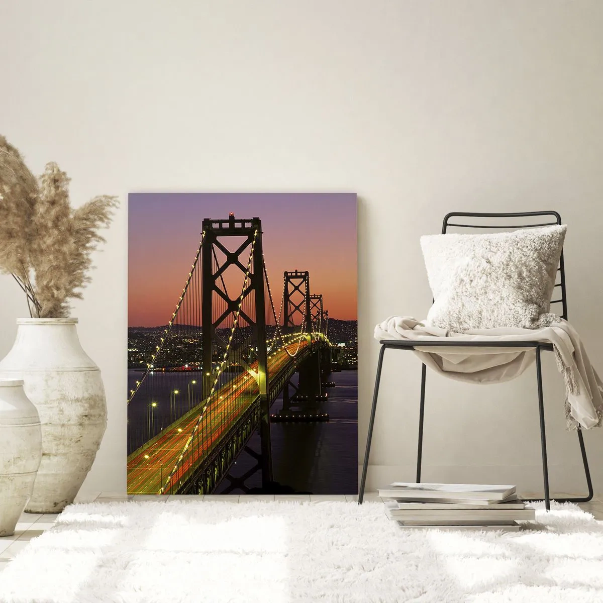 Impression sur verre - Image sur verre - Le pont la nuit dans la ville et la lumière du coucher du soleil - 50x70cm - Soirée violette - Décoration murale moderne pour le salon et la chambre ARTTOR