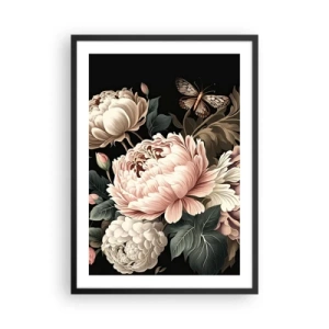 Affiche dans un cadre noir - Poster - Pivoines élégantes et un papillon sur fond noir - 50x70cm - De style baroque - Décoration murale moderne pour le salon et la chambre ARTTOR