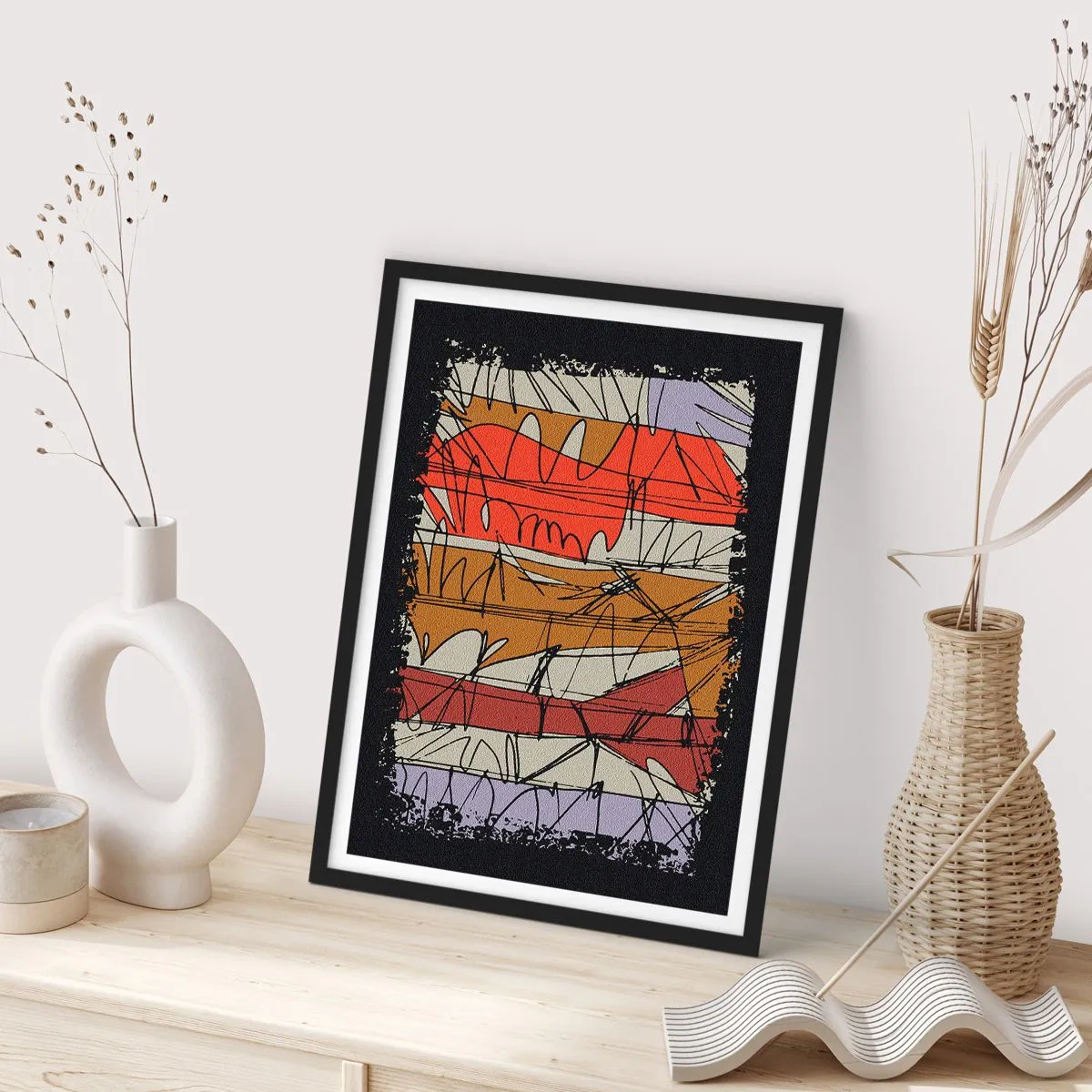 Affiche dans un cadre noir - Poster - Une composition abstraite avec des lignes et des couleurs dynamiques. - 50x70cm - Composition spontanée - Décoration murale moderne pour le salon et la chambre ARTTOR