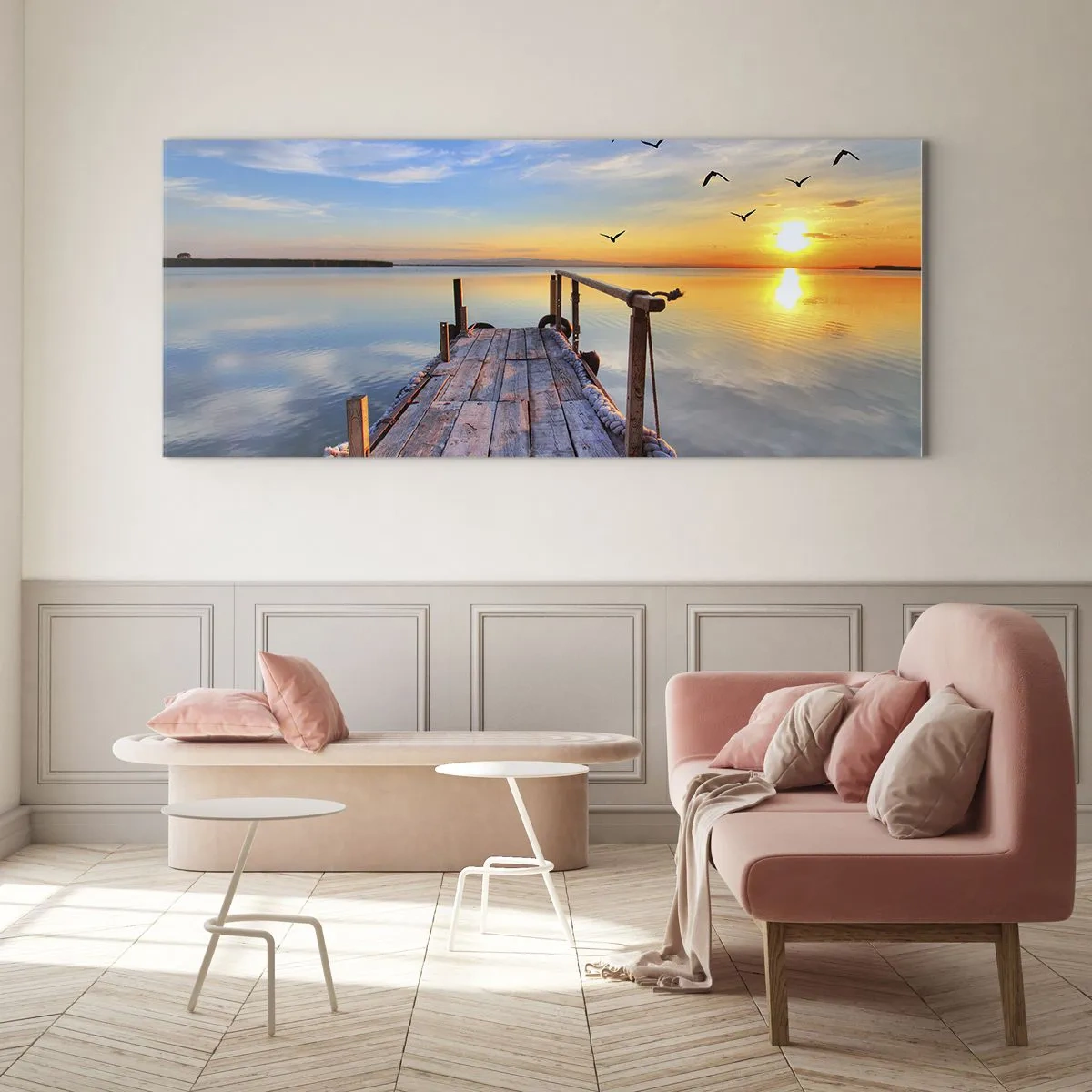 Impression sur verre - Image sur verre - Jetée en bois au coucher du soleil sur un lac calme - 140x50cm - Marcher droit vers le soleil - Décoration murale moderne pour le salon et la chambre ARTTOR