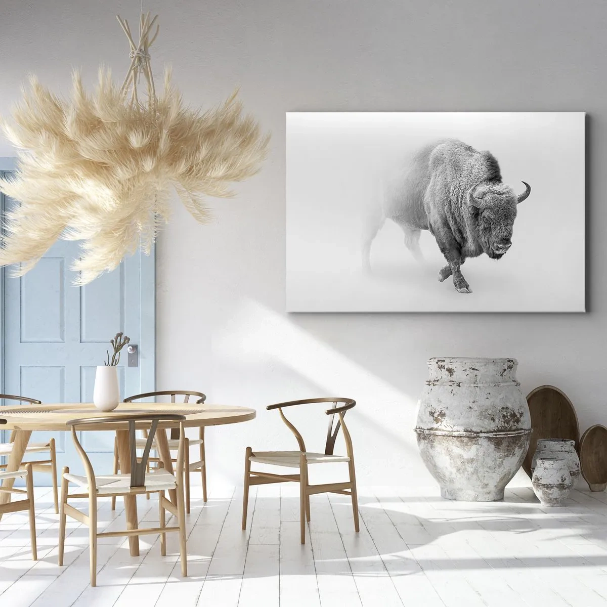 Impression sur toile - Image sur toile - Bison blanc dans un décor minimaliste - 70x50cm - Roi de la prairie - Décoration murale moderne pour le salon et la chambre ARTTOR