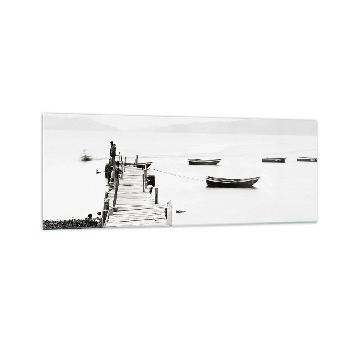 Impression sur verre - Image sur verre - Jetée en bois et bateaux sur une eau calme - 140x50cm - Calme et propre au bord de l'eau - Décoration murale moderne pour le salon et la chambre ARTTOR