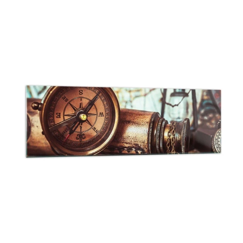 Impression sur verre - Image sur verre - Un ensemble rétro avec une boussole, un télescope et une carte sur le thème du voyage - 160x50cm - Une aventure de pirates dans les Caraïbes vous attend - Décoration murale moderne pour le salon et la chambre ARTTO