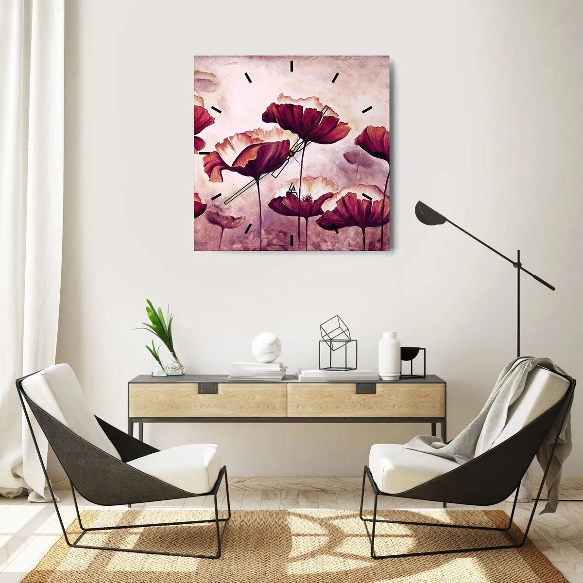 Horloge murale - Pendule murale - Fleurs aux tons rouges et blancs sur un fond subtil - 30x30cm - Pétale rouge et blanc - Décoration murale moderne pour le salon et la chambre ARTTOR
