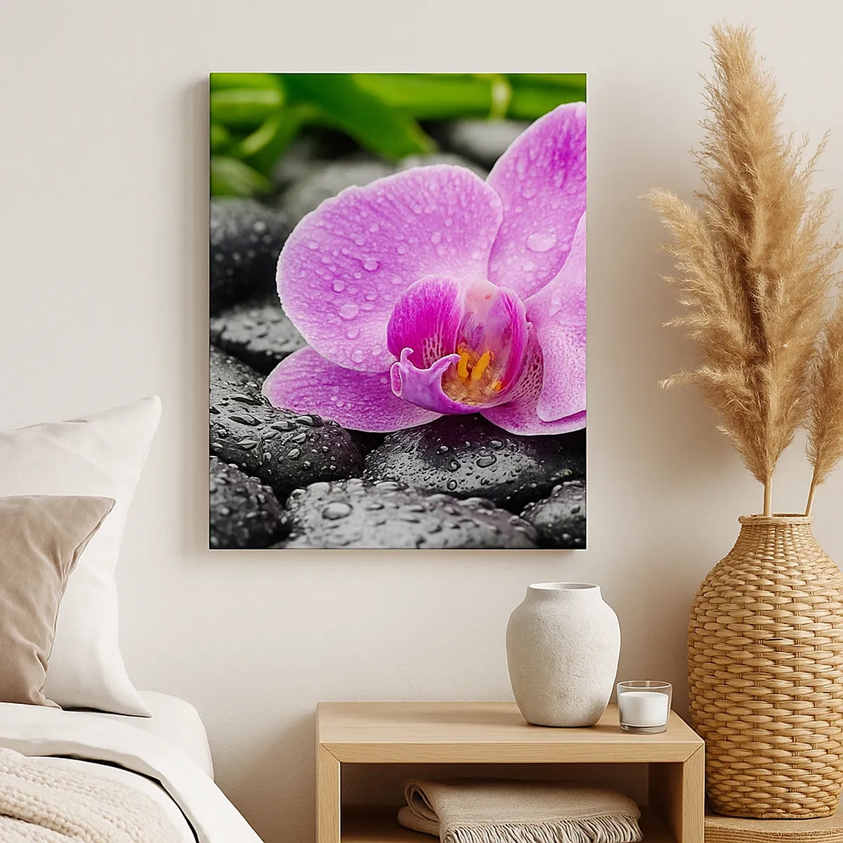 Impression sur toile - Image sur toile - Orchidée rose sur des pierres noires humides avec des feuilles vertes - 50x70cm - Comme un coeur ouvert - Décoration murale moderne pour le salon et la chambre ARTTOR