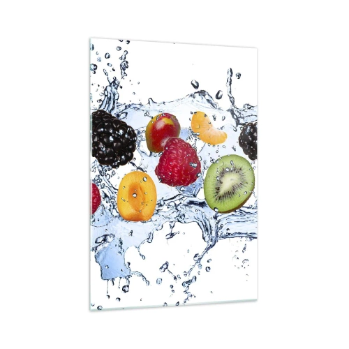 Impression sur verre - Image sur verre - Fruits colorés immergés dans des éclaboussures d'eau sur un fond blanc - 70x100cm - Amusez-vous avec nous - Décoration murale moderne pour le salon et la chambre ARTTOR