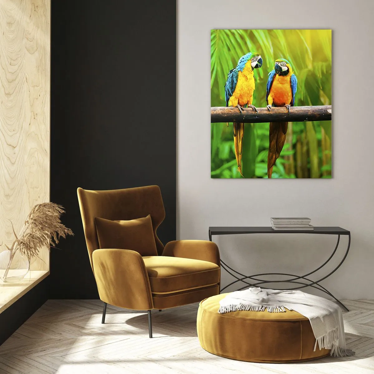 Impression sur verre - Image sur verre - Trois perroquets aras sur une branche dans une forêt tropicale - 50x70cm - Et avez-vous entendu qu'elle ...? - Décoration murale moderne pour le salon et la chambre ARTTOR