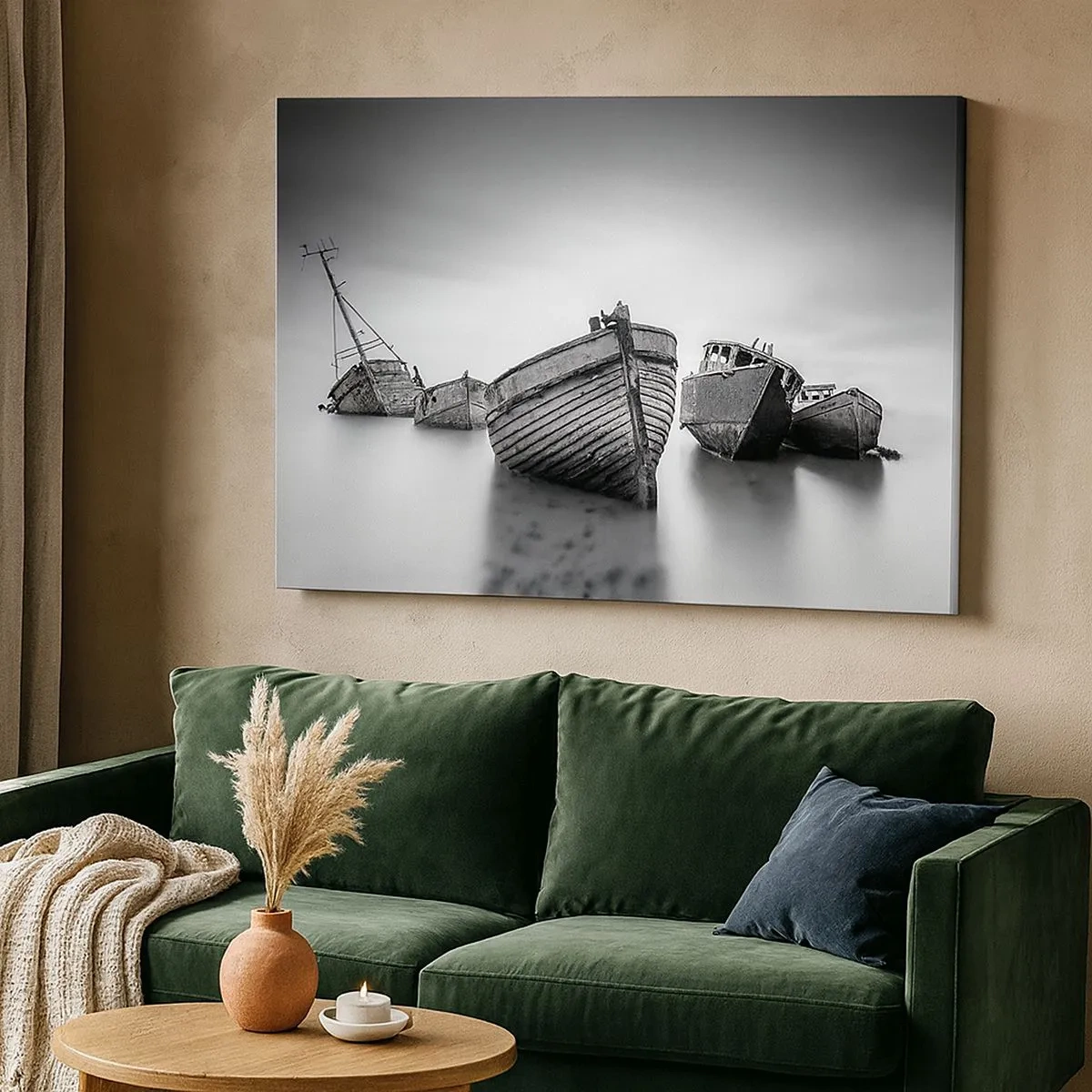 Impression sur toile - Image sur toile - Bateaux abandonnés sur une eau calme - 70x50cm - Cùest déjà un souvenir... - Décoration murale moderne pour le salon et la chambre ARTTOR