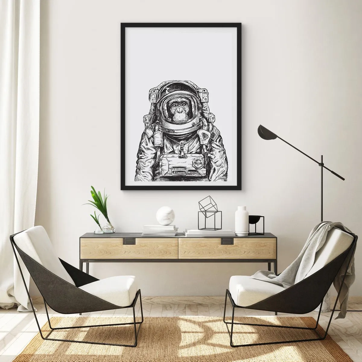 Affiche dans un cadre noir - Poster - Un singe en combinaison spatiale sur fond blanc - 50x70cm - Évolution alternative - Décoration murale moderne pour le salon et la chambre ARTTOR
