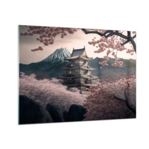 Impression sur verre - Image sur verre - Une pagode japonaise traditionnelle au milieu des cerisiers en fleurs et des montagnes - 70x50cm - Le pays des cerisiers en fleurs - Décoration murale moderne pour le salon et la chambre ARTTOR