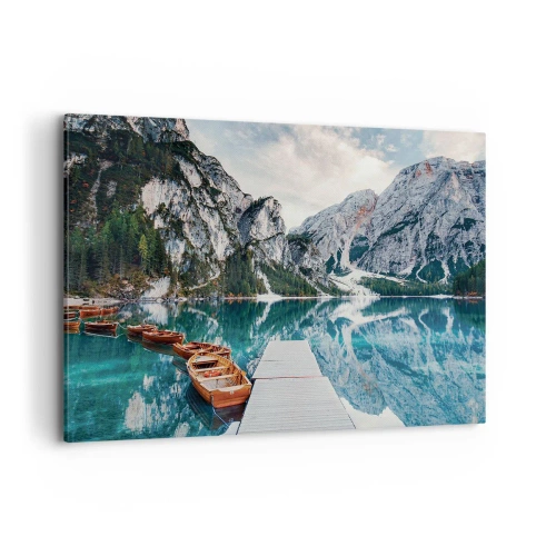 Impression sur toile - Image sur toile - Un lac avec des bateaux entouré de montagnes - 100x70cm - On va te montrer la beauté - Décoration murale moderne pour le salon et la chambre ARTTOR