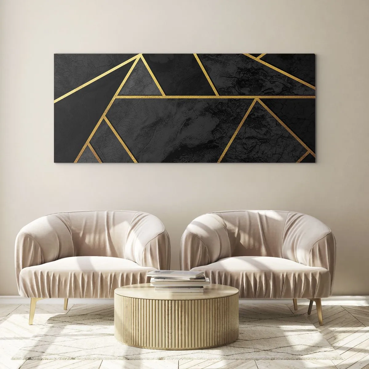 Impression sur verre - Image sur verre - Motif géométrique doré sur fond noir - 120x50cm - Obscurité et éclat - Décoration murale moderne pour le salon et la chambre ARTTOR