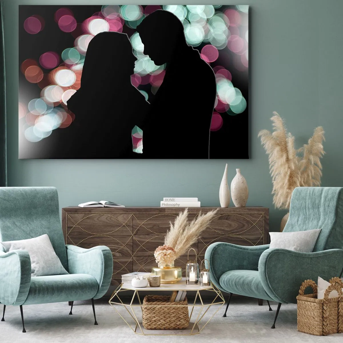 Impression sur toile - Image sur toile - Silhouettes d'un couple sur fond de lumières bokeh colorées - 120x80cm - Oui! - Décoration murale moderne pour le salon et la chambre ARTTOR