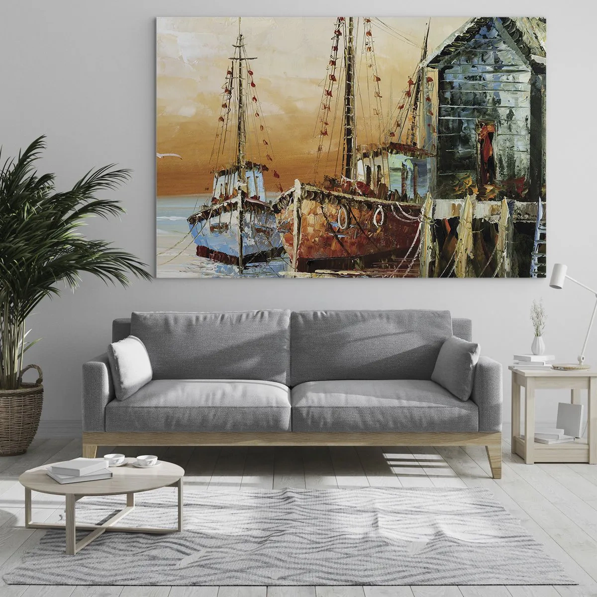 Impression sur verre - Image sur verre - Bateaux colorés à la marina - 70x50cm - Retour tranquille - Décoration murale moderne pour le salon et la chambre ARTTOR