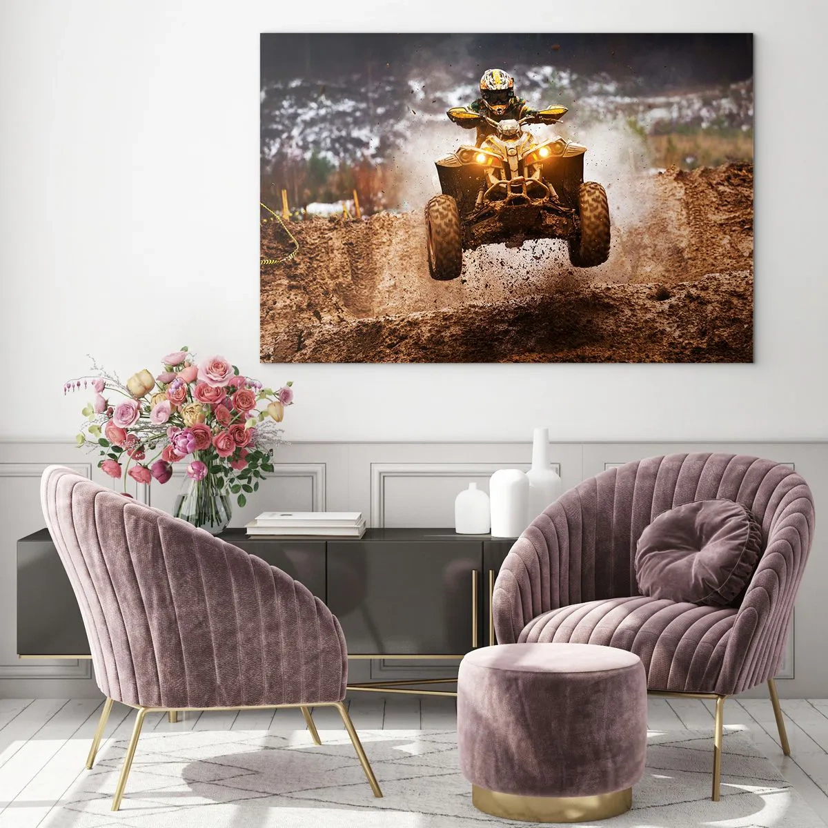 Impression sur verre - Image sur verre - Quad en action sur terrain boueux dans un environnement dynamique - 70x50cm - No risk no fun - Décoration murale moderne pour le salon et la chambre ARTTOR